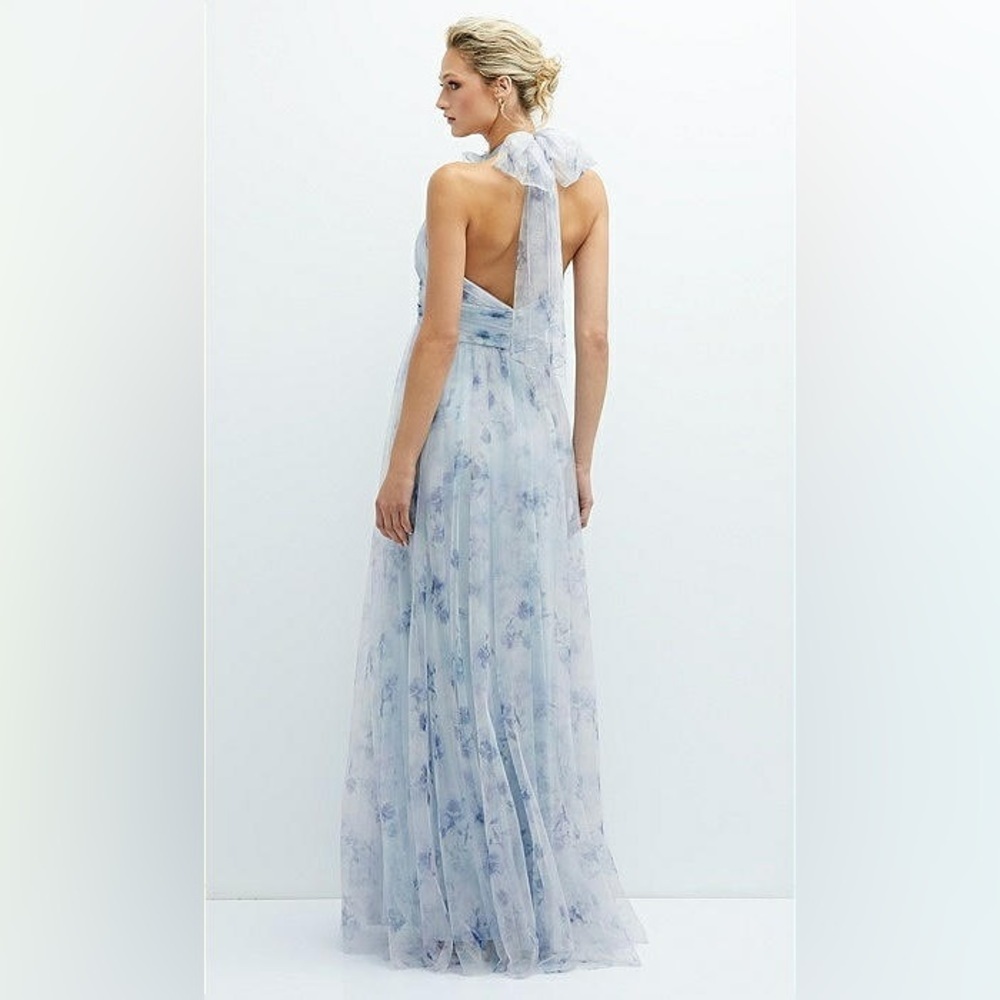 New! Dessy Collection Floral Tie-Back Halter Tulle Dress  & Rosette Mist Garden🩵 - Picture 3 of 10